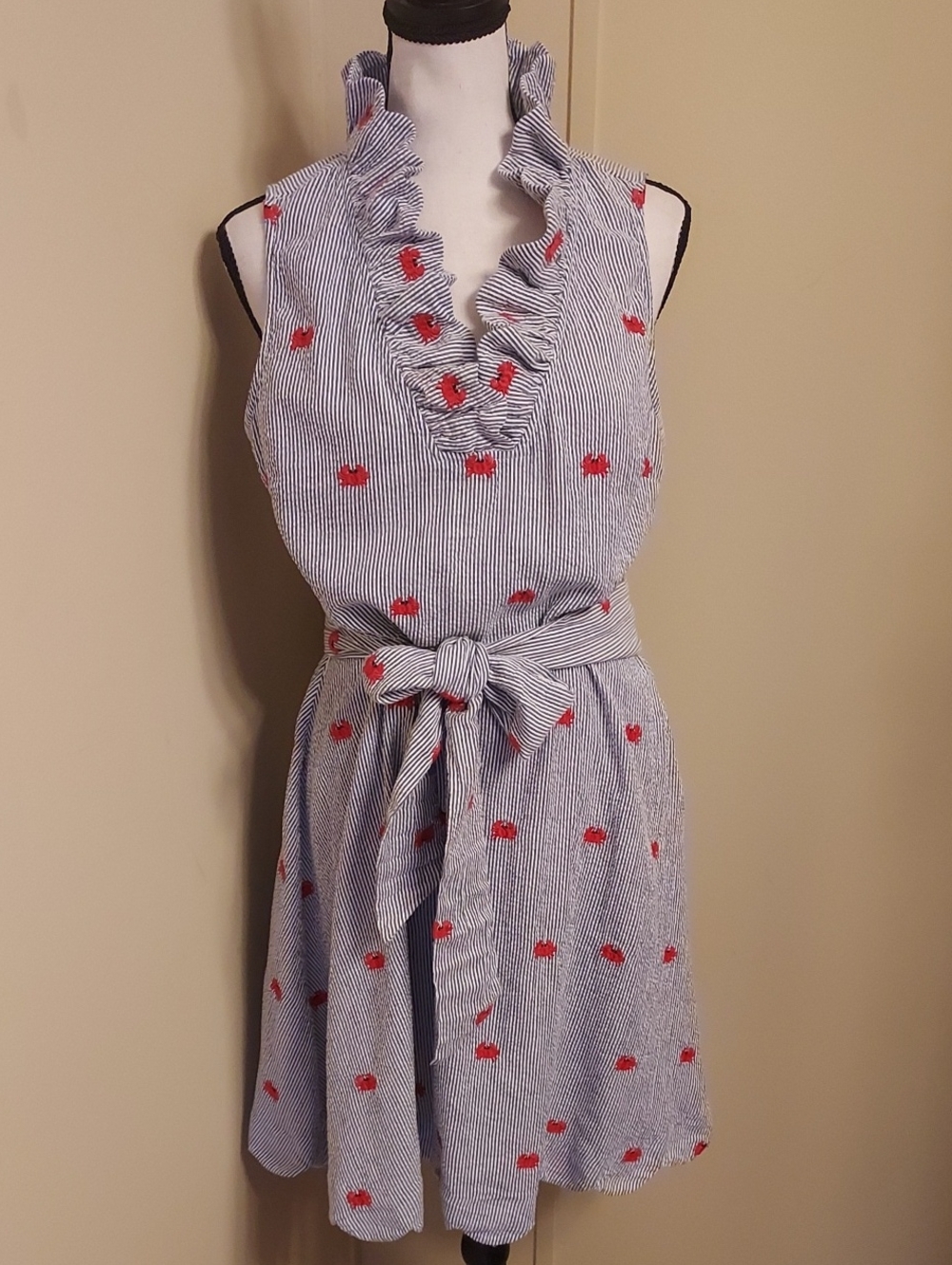 Striped Ruffle Neck Sleeveless Dress with Red Embroidery